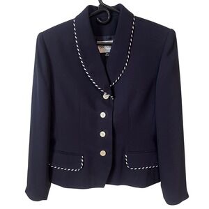 Le Suit Petite Women's Navy Blue Blazer 10 Petite White Trim Office Career